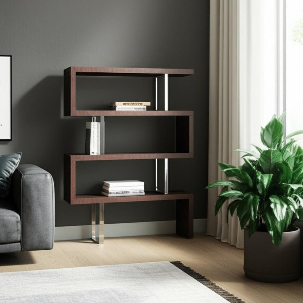 HomeRoots 67" Versatile Brown and Silver Metal Etagere Bookcase - Stylish Three-Tier Zig-Zag Design for Any Space 555013