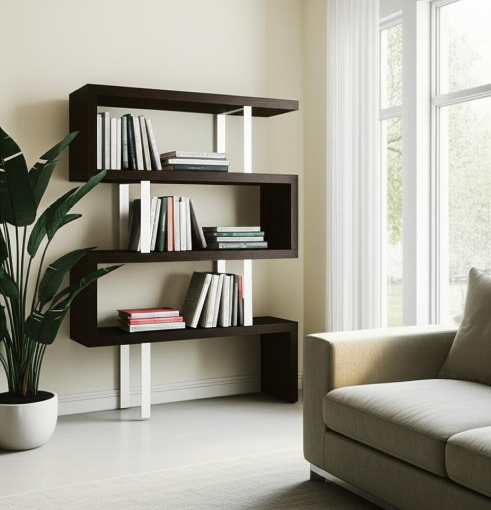 HomeRoots 67" Modern Three-Tier Etagere Bookcase with Black & Silver Metal Frame and Warm Wood Shelves 555014