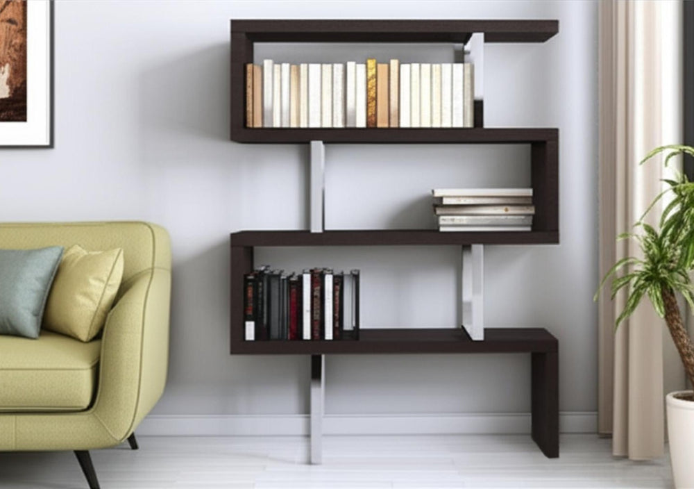 HomeRoots 67" Espresso Etagere Bookcase with Silver Metal Frame – Modern Three-Tier Shelf for Stylish Storage 555015