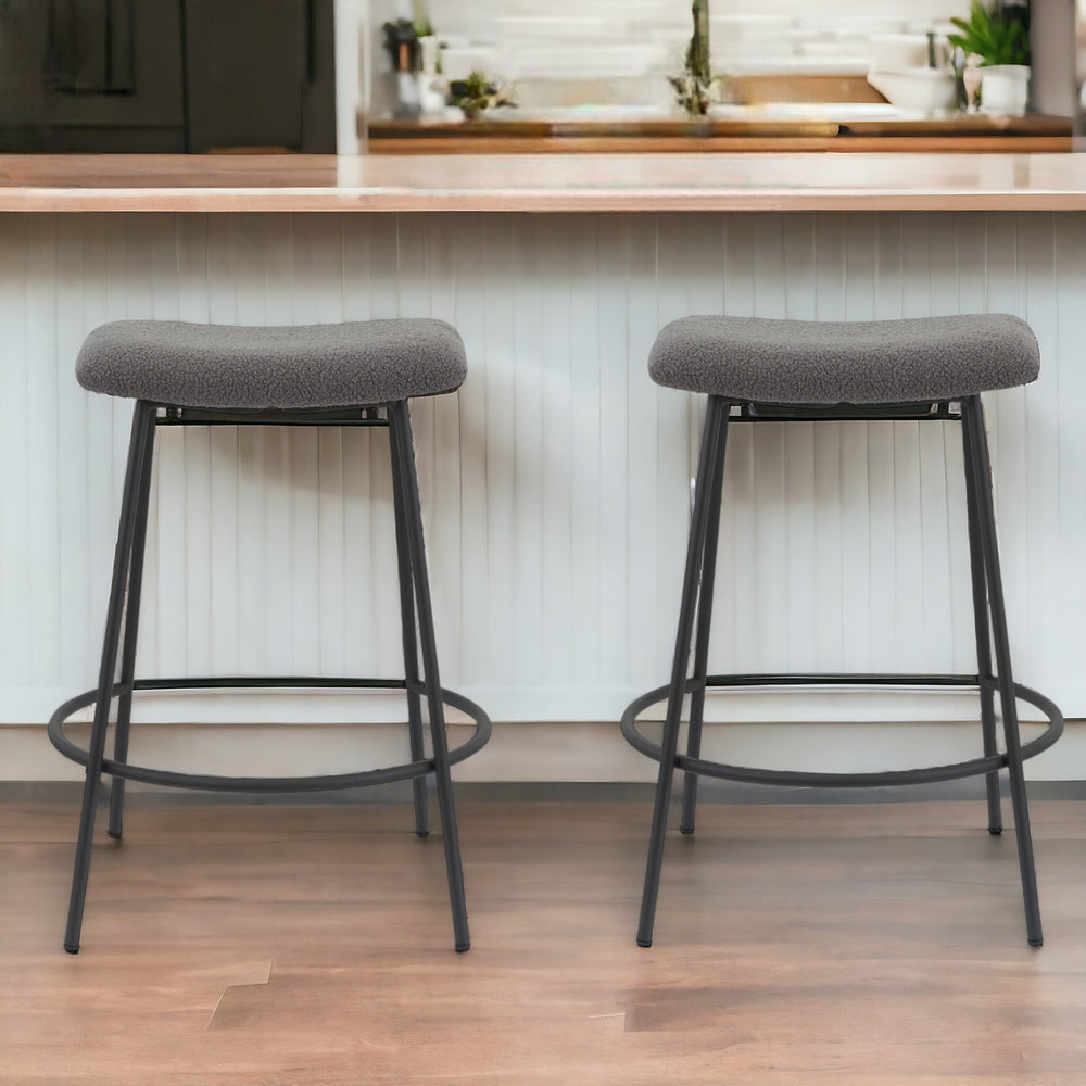 Homeroots Set Of Two 26" Gray And Black Faux Sherpa And Metal Backless Counter Height Bar Chairs   555019