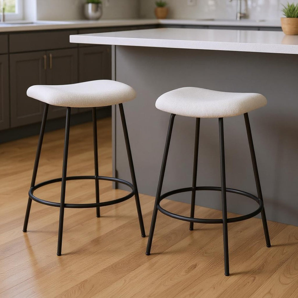 HomeRoots Set of Two 26" Modern Backless Bar Chairs with Black Metal Frame and White Cushioned Seats, Chic Style 555020