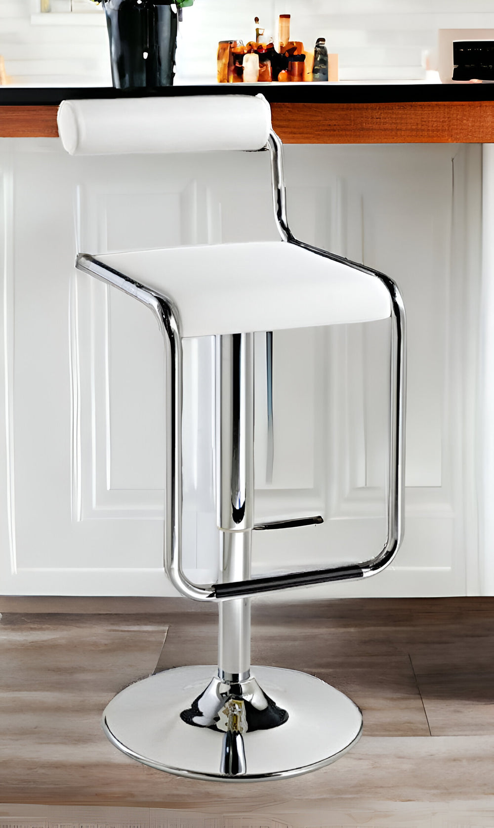 Homeroots White And Silver Faux Leather And Metal Low Back Adjustable Height Bar Chair   555022