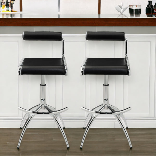Homeroots Set Of Two Black And Silver Faux Leather And Metal Low Back Adjustable Height Bar Chairs   555023