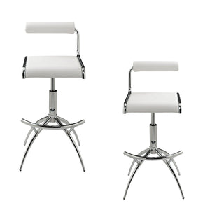 HomeRoots Set of Two Modern Adjustable Height Bar Chairs in White Faux Leather & Silver Metal Frame Design 555024