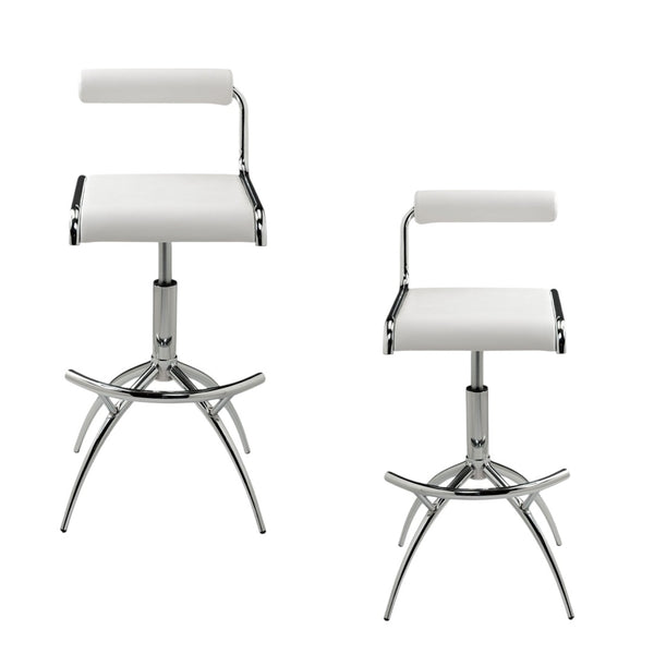 HomeRoots Set of Two Modern Adjustable Height Bar Chairs in White Faux Leather & Silver Metal Frame Design 555024