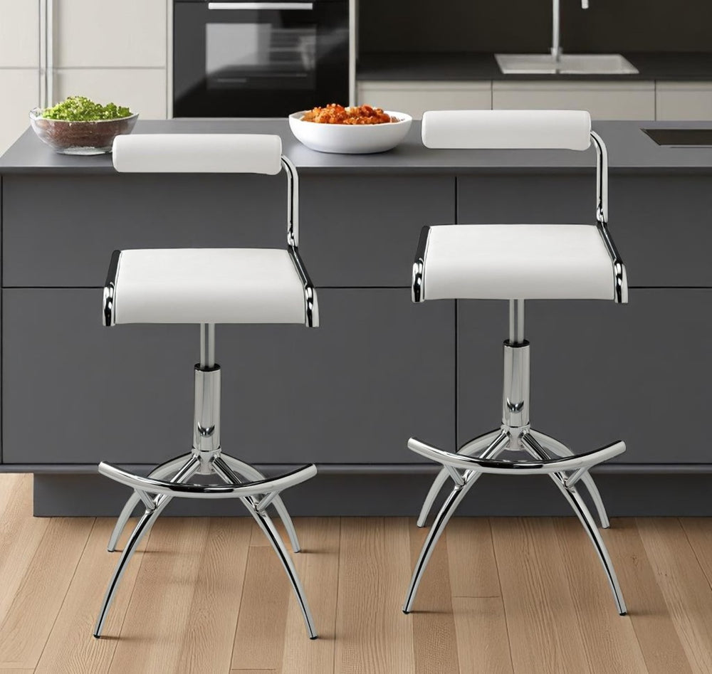 HomeRoots Set of Two Modern Adjustable Height Bar Chairs in White Faux Leather & Silver Metal Frame Design 555024