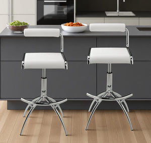 HomeRoots Set of Two Modern Adjustable Height Bar Chairs in White Faux Leather & Silver Metal Frame Design 555024