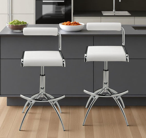 HomeRoots Set of Two Modern Adjustable Height Bar Chairs in White Faux Leather & Silver Metal Frame Design 555024