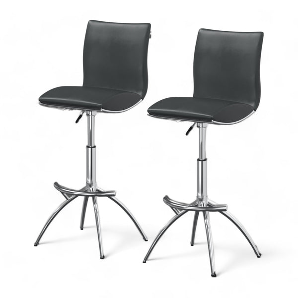 Homeroots Set Of Two Gray And Silver Faux Leather And Metal Low Back Adjustable Height Bar Chairs   555026