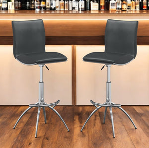 HomeRoots Set of Two Adjustable Gray Faux Leather and Silver Metal Bar Chairs for Modern Dining Spaces 555026