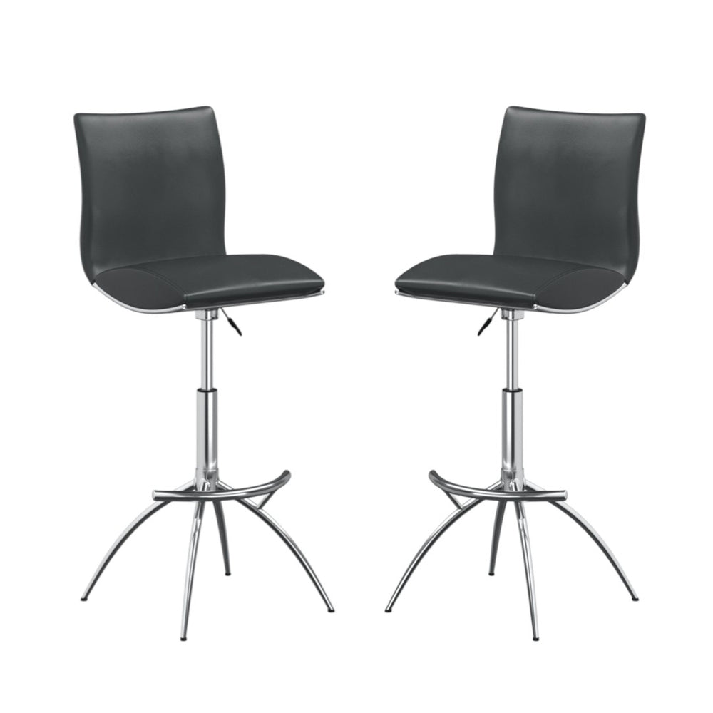HomeRoots Set of Two Adjustable Gray Faux Leather and Silver Metal Bar Chairs for Modern Dining Spaces 555026