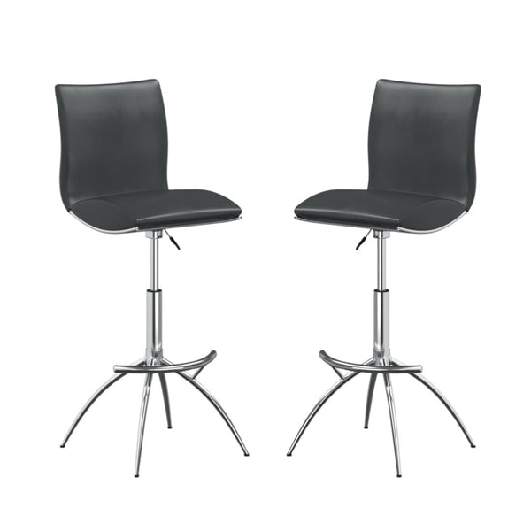 HomeRoots Set of Two Adjustable Gray Faux Leather and Silver Metal Bar Chairs for Modern Dining Spaces 555026