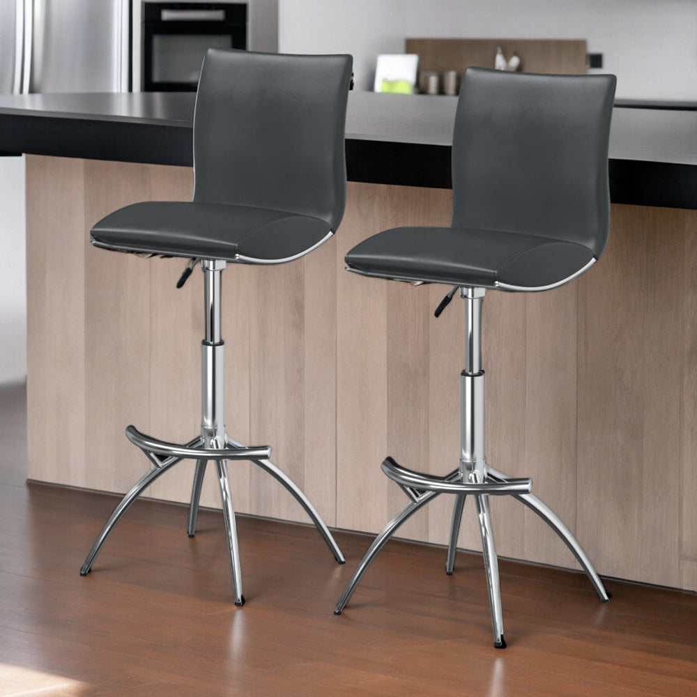 Homeroots Set Of Two Gray And Silver Faux Leather And Metal Low Back Adjustable Height Bar Chairs   555026