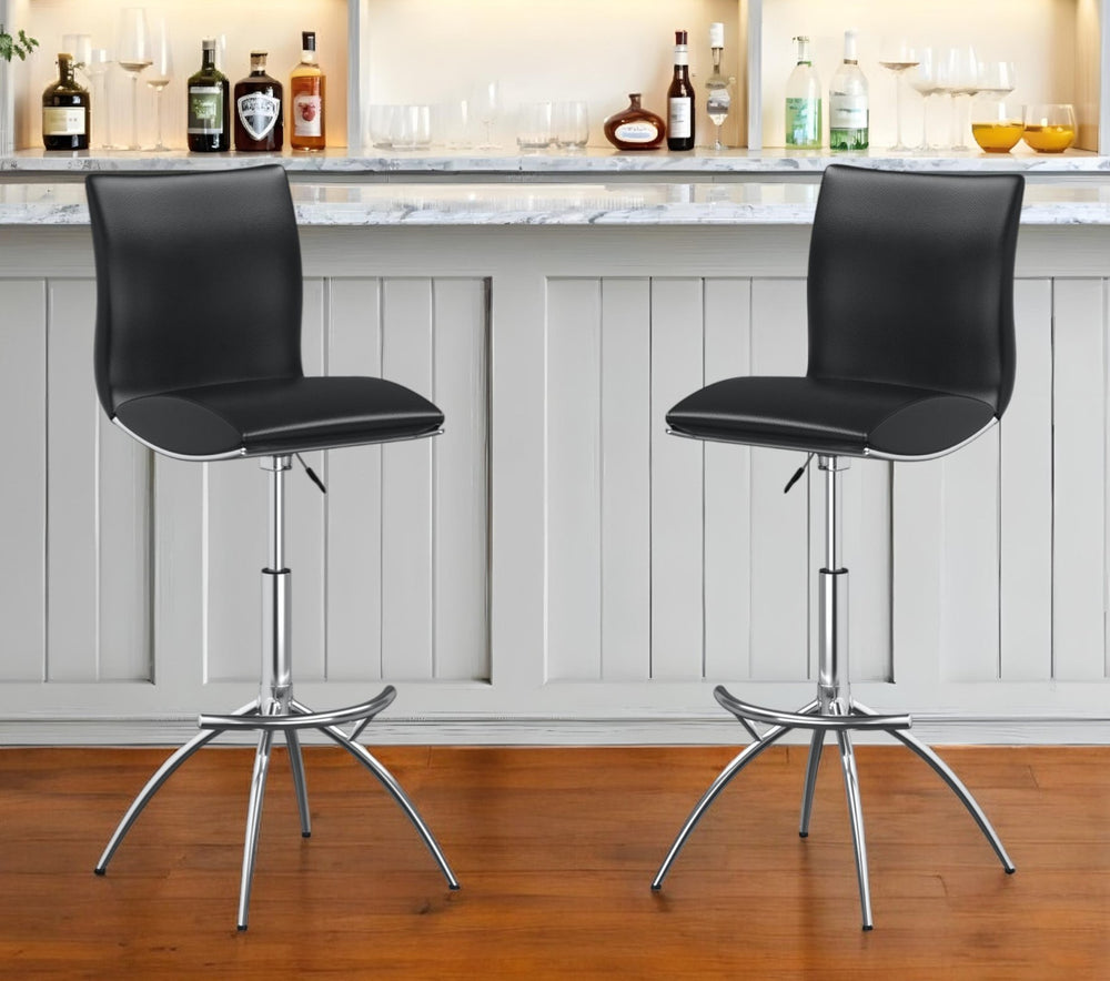 Homeroots Set Of Two Black And Silver Faux Leather And Metal Low Back Adjustable Height Bar Chairs   555027