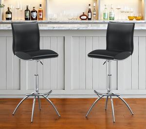 Homeroots Set Of Two Black And Silver Faux Leather And Metal Low Back Adjustable Height Bar Chairs   555027