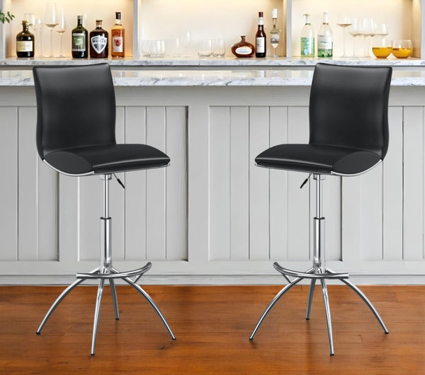 Homeroots Set Of Two Black And Silver Faux Leather And Metal Low Back Adjustable Height Bar Chairs   555027