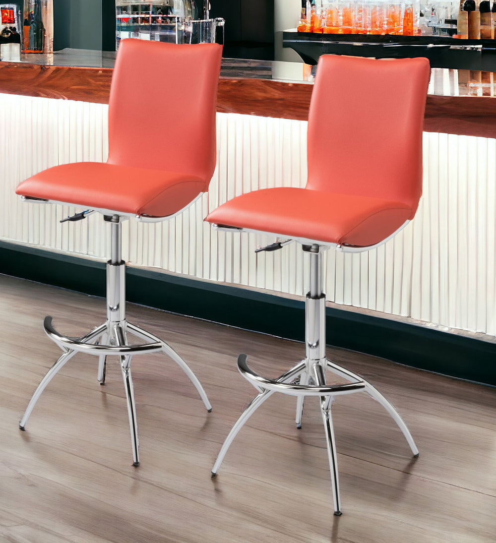 Homeroots Set Of Two Orange And Silver Faux Leather And Metal Low Back Adjustable Height Bar Chairs   555028