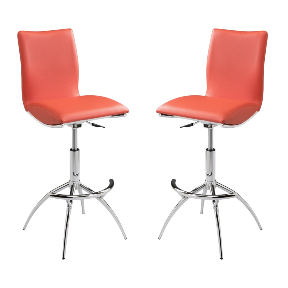 HomeRoots Set of Two Stylish Orange Faux Leather Bar Chairs with Adjustable Metal Base for Modern Spaces 555028