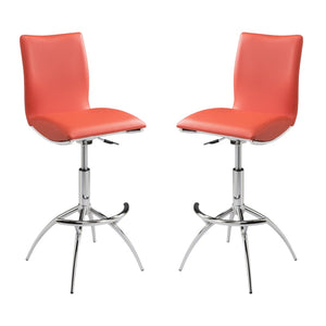 HomeRoots Set of Two Stylish Orange Faux Leather Bar Chairs with Adjustable Metal Base for Modern Spaces 555028