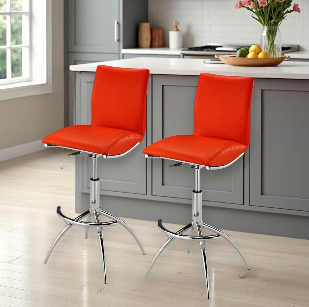 Homeroots Set Of Two Red And Silver Faux Leather And Metal Low Back Adjustable Height Bar Chairs   555029