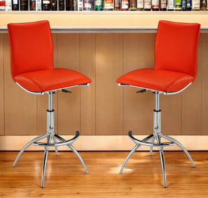 HomeRoots Set of Two Red and Silver Faux Leather Adjustable Bar Chairs for Modern Kitchen & Home Decor 555029