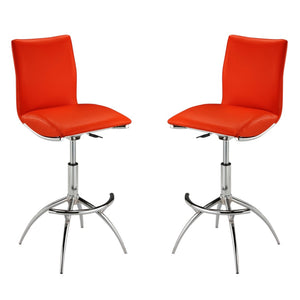 HomeRoots Set of Two Red and Silver Faux Leather Adjustable Bar Chairs for Modern Kitchen & Home Decor 555029