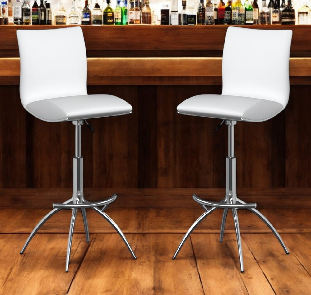 HomeRoots Set of Two Elegant White & Silver Adjustable Bar Chairs - Modern Faux Leather & Metal Design 555030
