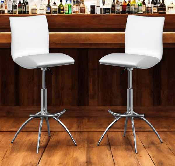 HomeRoots Set of Two Elegant White & Silver Adjustable Bar Chairs - Modern Faux Leather & Metal Design 555030