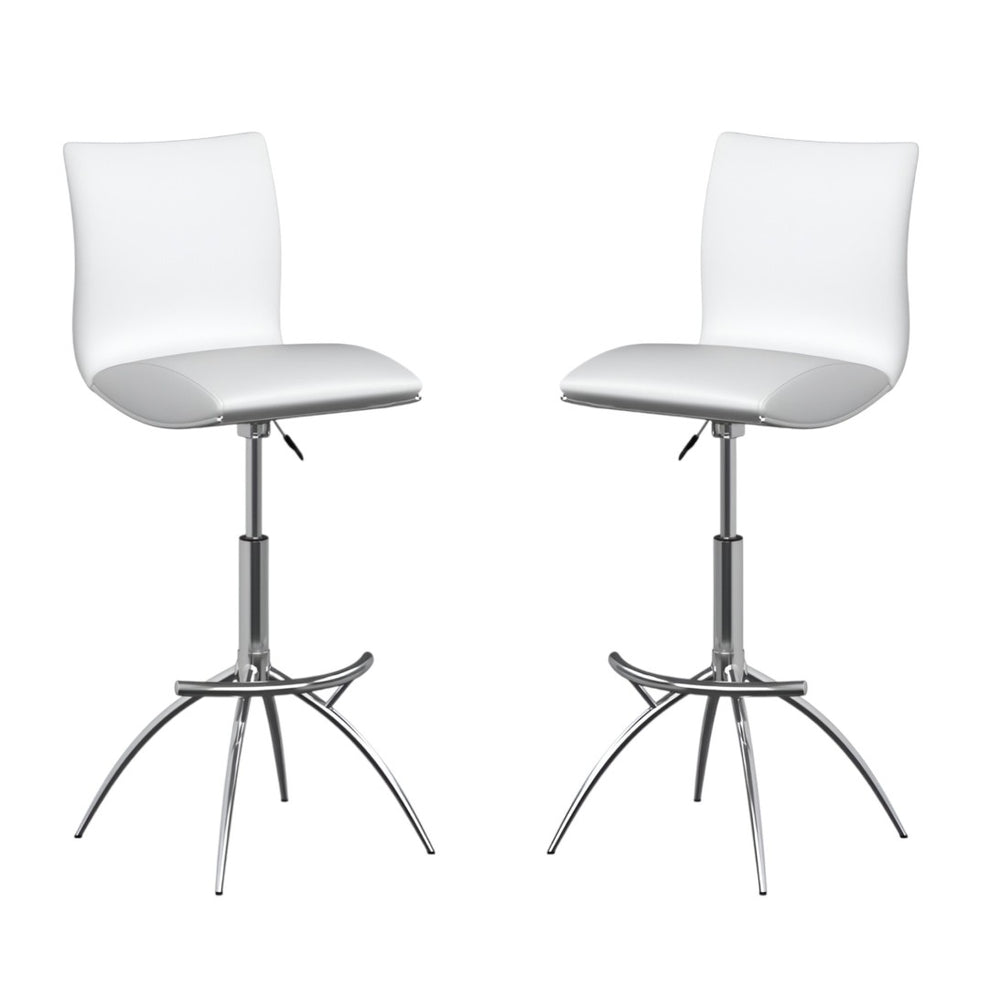 HomeRoots Set of Two Elegant White & Silver Adjustable Bar Chairs - Modern Faux Leather & Metal Design 555030