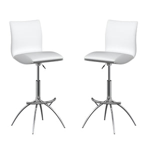 HomeRoots Set of Two Elegant White & Silver Adjustable Bar Chairs - Modern Faux Leather & Metal Design 555030
