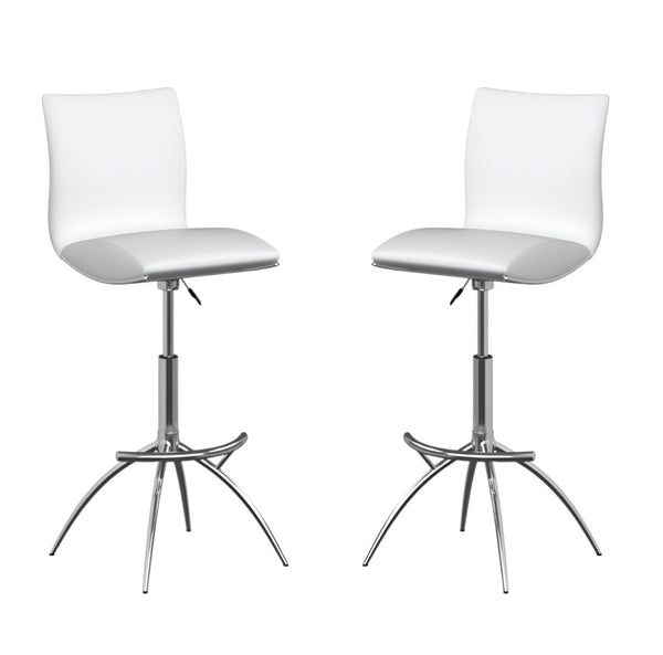 HomeRoots Set of Two Elegant White & Silver Adjustable Bar Chairs - Modern Faux Leather & Metal Design 555030