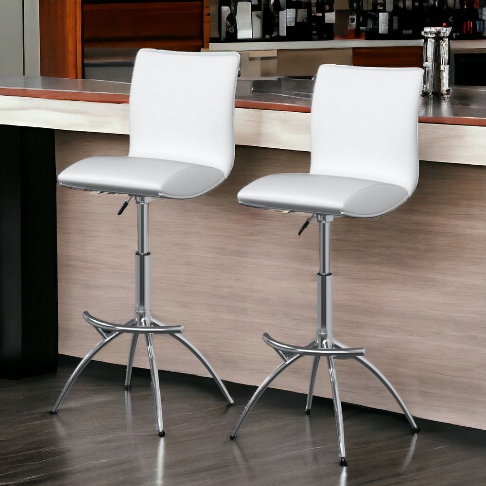 Homeroots Set Of Two White And Silver Faux Leather And Metal Low Back Adjustable Height Bar Chairs   555030