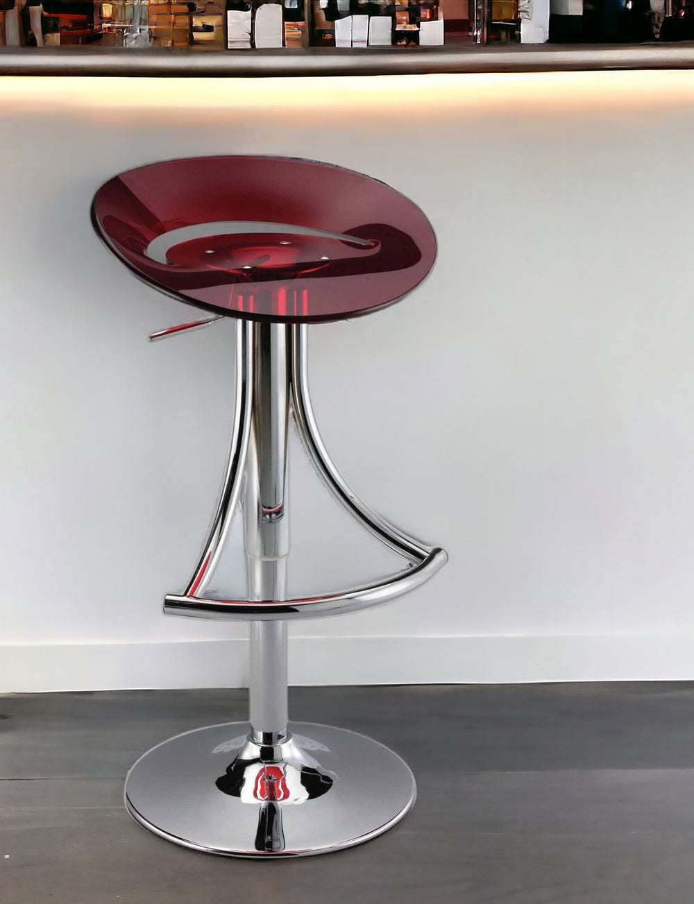Homeroots Red And Silver Acrylic And Metal Low Back Adjustable Height Bar Chair   555034