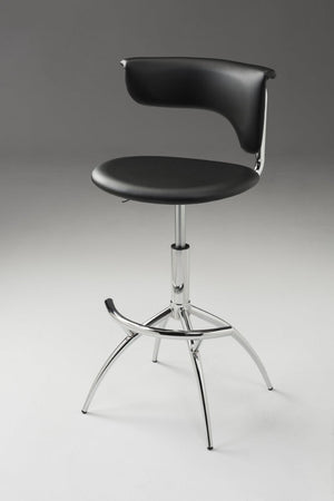 HomeRoots Set of Two Adjustable Black Faux Leather Bar Chairs with Sleek Silver Metal Frame for Modern Spaces 555036