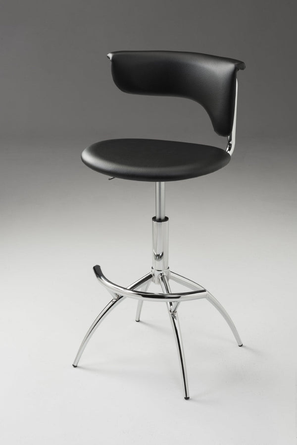 HomeRoots Set of Two Adjustable Black Faux Leather Bar Chairs with Sleek Silver Metal Frame for Modern Spaces 555036