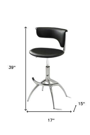 HomeRoots Set of Two Adjustable Black Faux Leather Bar Chairs with Sleek Silver Metal Frame for Modern Spaces 555036