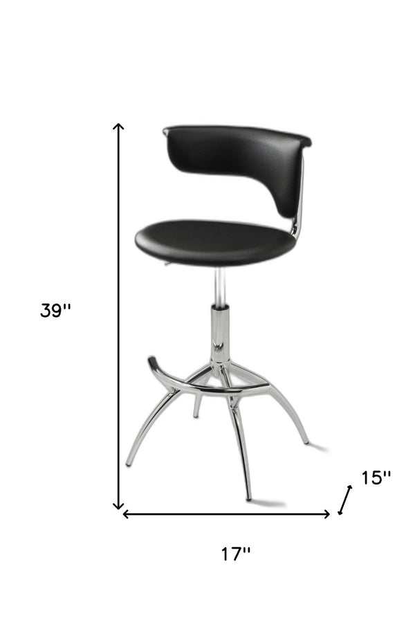 HomeRoots Set of Two Adjustable Black Faux Leather Bar Chairs with Sleek Silver Metal Frame for Modern Spaces 555036