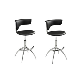 HomeRoots Set of Two Adjustable Black Faux Leather Bar Chairs with Sleek Silver Metal Frame for Modern Spaces 555036