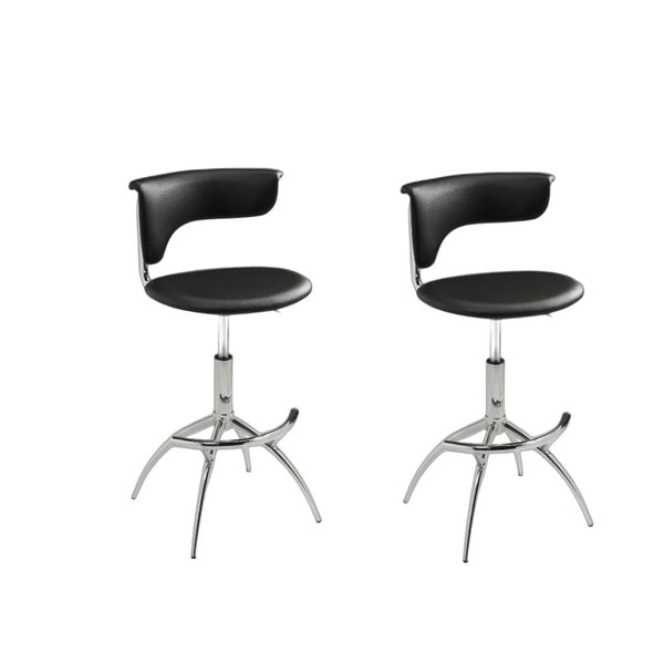 HomeRoots Set of Two Adjustable Black Faux Leather Bar Chairs with Sleek Silver Metal Frame for Modern Spaces 555036