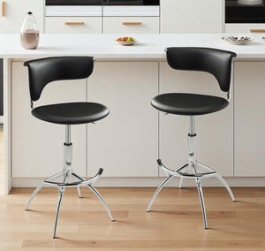 HomeRoots Set of Two Adjustable Black Faux Leather Bar Chairs with Sleek Silver Metal Frame for Modern Spaces 555036