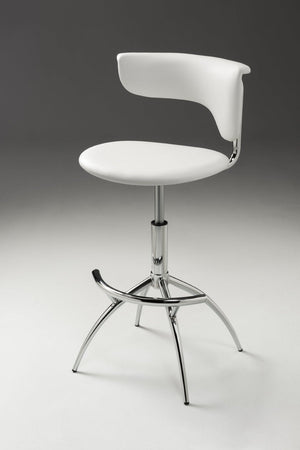 HomeRoots Set of Two Sleek White Faux Leather and Silver Metal Low Back Adjustable Bar Chairs for Modern Spaces 555037
