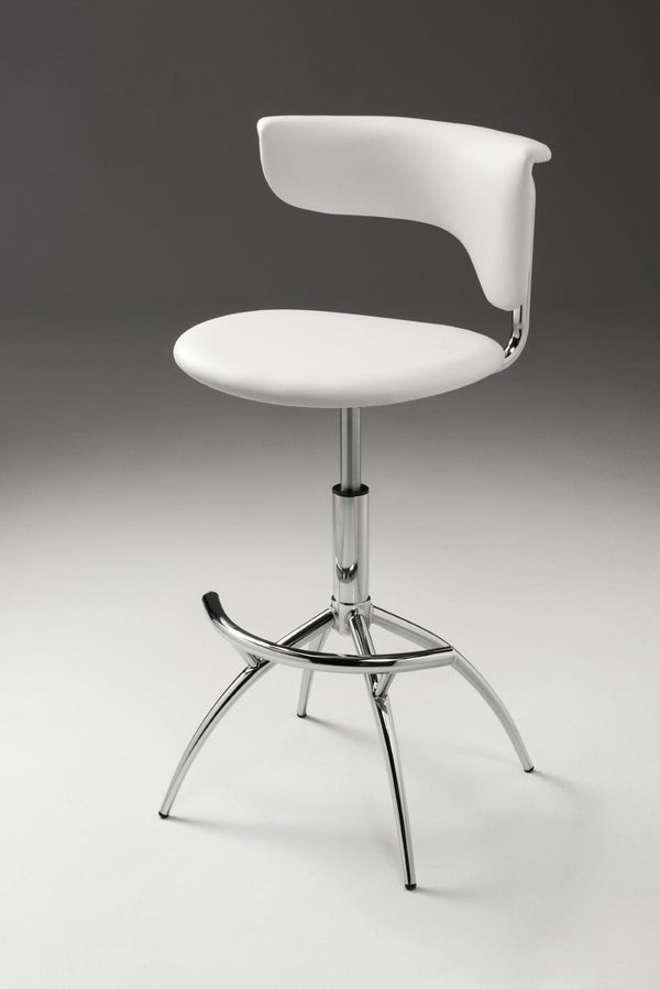 HomeRoots Set of Two Sleek White Faux Leather and Silver Metal Low Back Adjustable Bar Chairs for Modern Spaces 555037