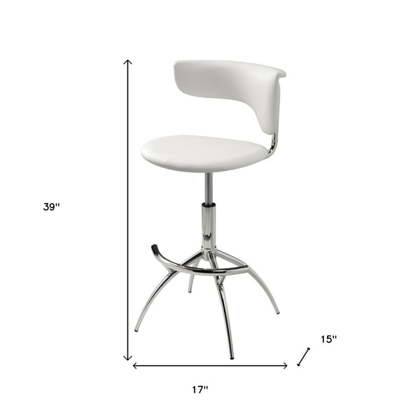 HomeRoots Set of Two Sleek White Faux Leather and Silver Metal Low Back Adjustable Bar Chairs for Modern Spaces 555037