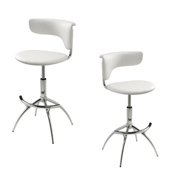 HomeRoots Set of Two Sleek White Faux Leather and Silver Metal Low Back Adjustable Bar Chairs for Modern Spaces 555037