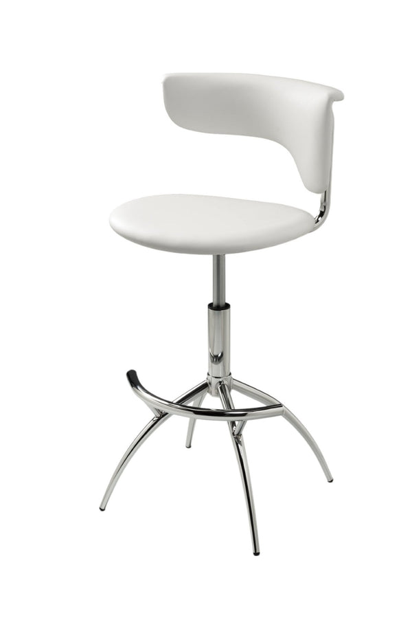 HomeRoots Set of Two Sleek White Faux Leather and Silver Metal Low Back Adjustable Bar Chairs for Modern Spaces 555037