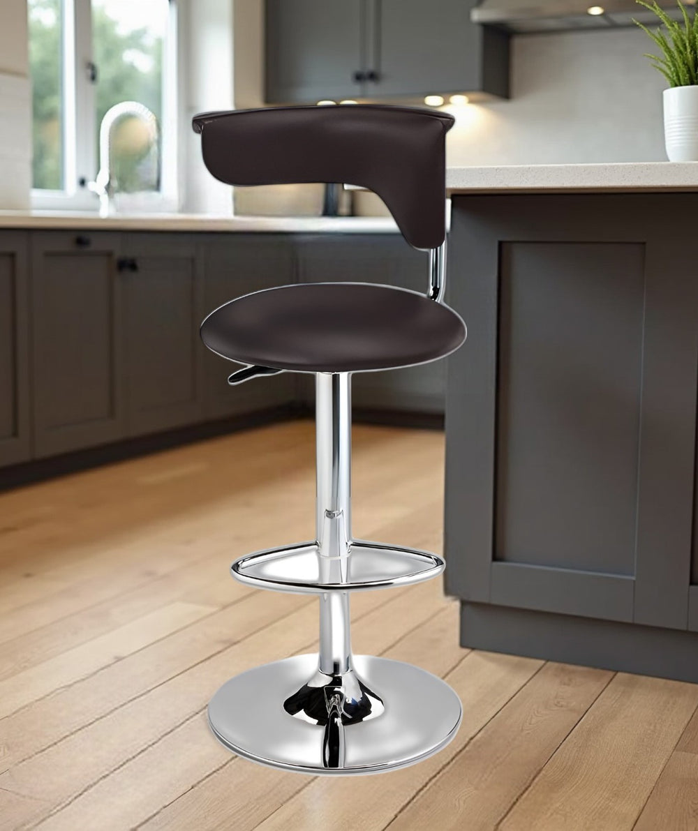 Homeroots Dark Brown And Silver Faux Leather And Metal Low Back Adjustable Height Bar Chair   555038