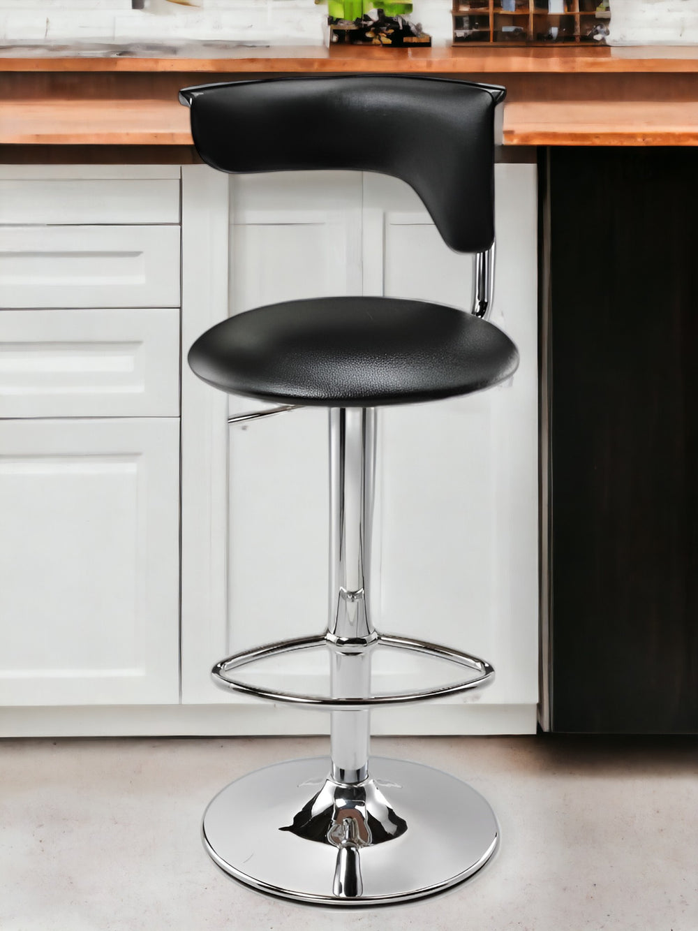 Homeroots Black And Silver Faux Leather And Metal Low Back Adjustable Height Bar Chair   555039