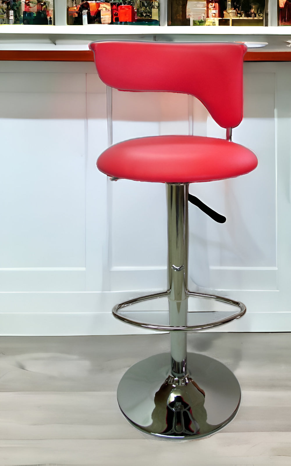 Homeroots Red And Silver Faux Leather And Metal Low Back Adjustable Height Bar Chair   555040