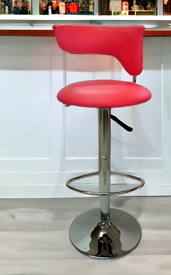 Homeroots Red And Silver Faux Leather And Metal Low Back Adjustable Height Bar Chair   555040