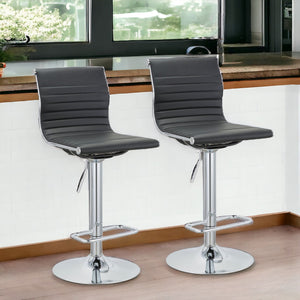 Homeroots Set Of Two Black And Silver Faux Leather And Metal Low Back Adjustable Height Bar Chairs   555042